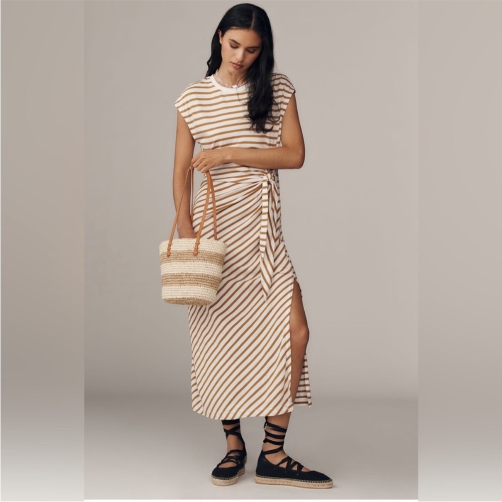 Anthropologie Daily Practice Cream and Tan Striped Tie-Waist Midi Dress XL